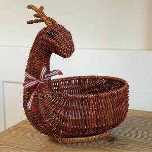 Vintage Holiday Deer Brown Wicker Rattan Woven Decorative Basket